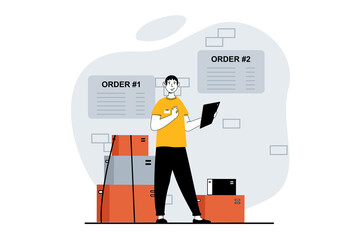 Delivery service concept with people scene in flat design for web. Man prepares boxes with purchases from online orders in warehouse. Illustration for social media banner, marketing material.