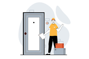 Delivery service concept with people scene in flat design for web. Man courier carrying parcel boxes and waiting for client at door. Illustration for social media banner, marketing material.