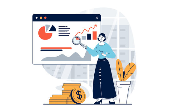 Data science concept with people scene in flat design for web. Woman working with graphs, searching statistics for presentation report. Illustration for social media banner, marketing material.