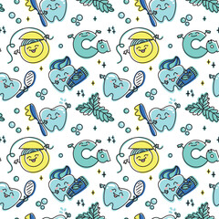 Children's dentistry. Funny characters, healthy teeth, toothpaste and dental floss, peppermint leaf. Seamless pattern. Vector.