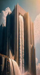 Spectacular Urban Waterfall Cascading from Skyscraper - generative ai