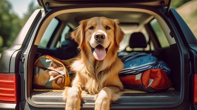 Golden retriever dog sitting in car trunk ready for a vacation trip.