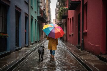 Person and dog walking down narrow city street