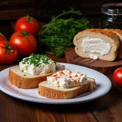Sandwiches with cottage cheese and vegetables on a wooden background.