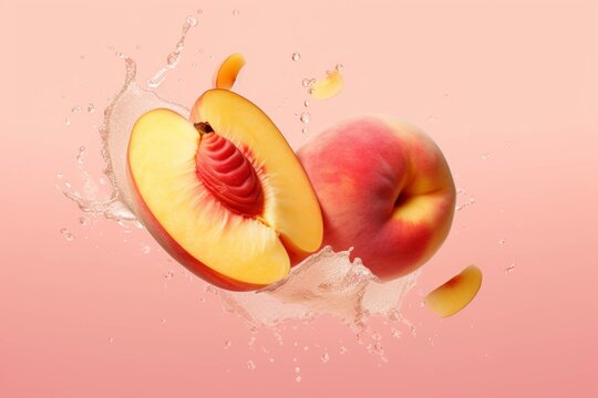 Fresh nectarines in water splash on orange background. 3d illustration
