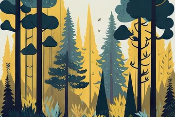 A pine forest landscape, vibrant pale yellow colors , dark background, dark magic splash, dark, ghotic, pastel tetradic colors, cute and quirky, fantasy art, watercolor effect, bokeh, hand-drawn, digi