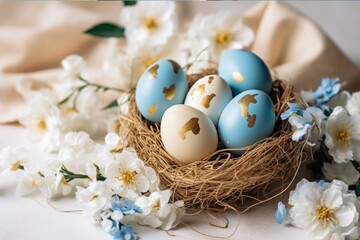 Easter eggs in a nest with white flowers on a light background