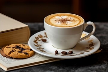 Coffee cup and cookies on table in coffee shop, closeup