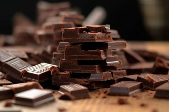 Pieces of dark chocolate and cocoa powder on a wooden table