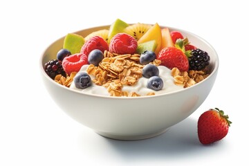 Bowl of muesli with berries and yogurt isolated on white background