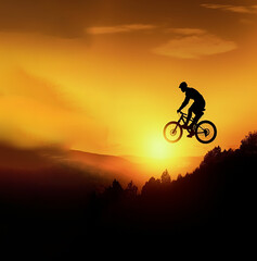 Mountain biker rides mountainous terrain at sunset, cycling