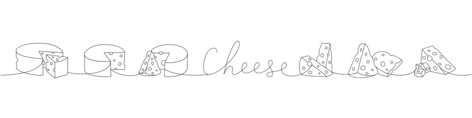 Cheese one line continuous drawing. Cheese products continuous one line illustration. Vector minimalist linear illustration.