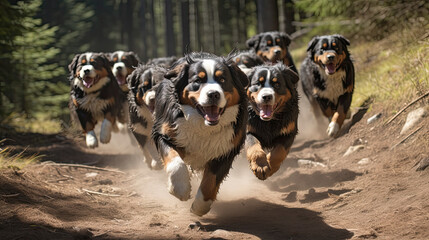 A Pack of Bernese Dogs  are Running and Playing Together in the Meadow