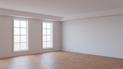 White Interior with a White Ceiling and Cornice, Glossy Herringbone Parquet Floor, Two Large Windows and a White Plinth. Unfurnished Room Concept. 3D illustration. 8K Ultra HD, 7680x4320, 300 dpi