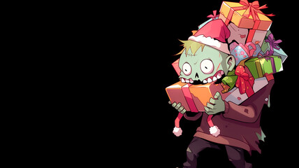 Christmas Zombie carrying presents on a black background with copy space. Created with Generative AI.