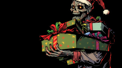 Christmas Zombie carrying presents on a black background with copy space. Created with Generative AI.