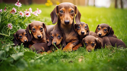 Dachshund dog mum with puppies playing on a green meadow land, cute dog puppies 
