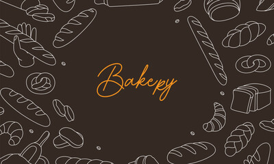 Bread horizontal vintage banner. Vector illustration for bakery menu design. Wheat bread, pretzel, ciabatta, croissant, french baguette.