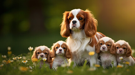 Beagle dog mum with puppies playing on a green meadow land, cute dog puppies 