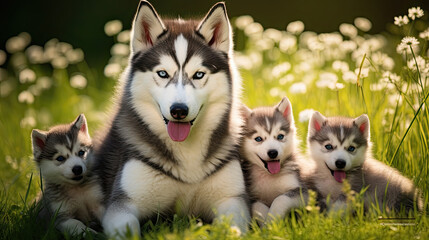 Husky dog mum with puppies playing on a green meadow land, cute dog puppies 
