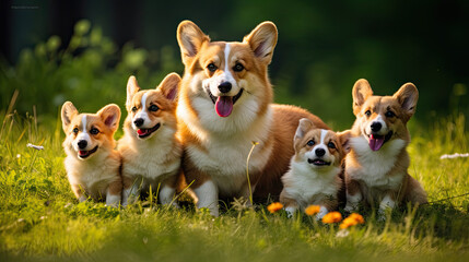 Corgi  dog mum with puppies playing on a green meadow land, cute dog puppies 