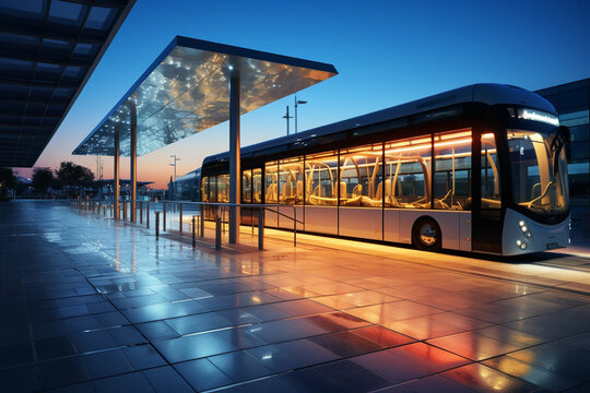 the sleek and modern design of a bus station, with clean lines, glass walls, and a sense of urban sophistication Generative AI