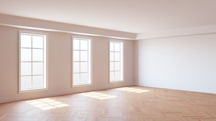 Beautiful Sunny Room with White Walls, Three Large Windows, White Ceiling and Cornice, Glossy Herringbone Parquet Flooring and a White Plinth, 3D illustration. 8K Ultra HD, 7680x4320, 300 dpi