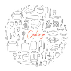 Kitchen utensils in circle design. Ceramic plates, mug, cup, wineglass, frying pan, sieve, colander, cooking glove, steel grater, mortar, rolling pin.