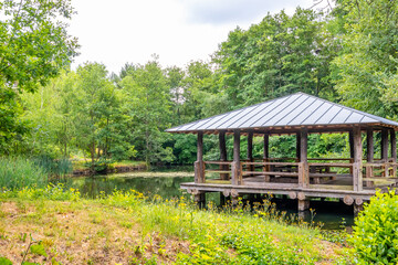 Wooden gazebo on waters of a lake surrounded by abundant wild vegetation, green leafy trees in misty background, perennial aquatic plant on water surface, sunny spring day in Echternach, Luxembourg