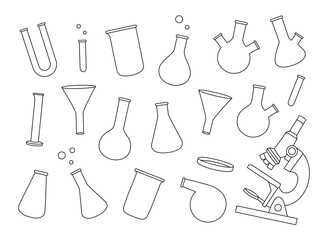 Laboratory glassware outline set. Laboratory glasses for chemistry experiments. Conical flask, glass beaker, filter funnel, U tube, microscope.