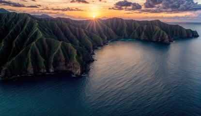 Aerial view of major cliffs in Hawaii, Landscape of Hawaii during sunset