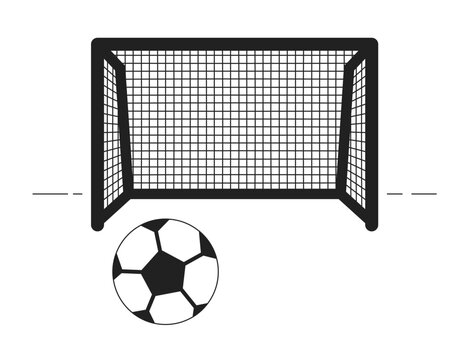 Gate and soccer ball monochrome isolated vector object. Football field. Editable black and white line art drawing. Simple outline spot illustration for web graphic design
