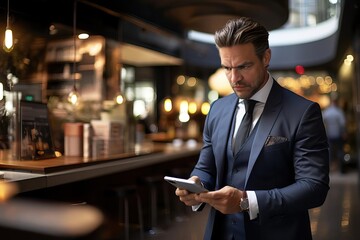 Attractive businessman using a smartphone, generative ai