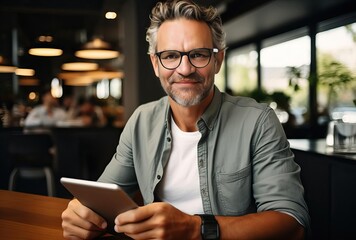 Attractive businessman using his smartphone in a cafe, generative ai