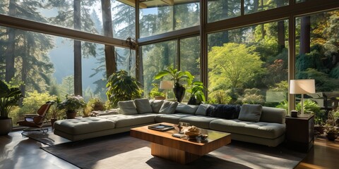 Beautiful home interior with glass walls in the forest, generative ai
