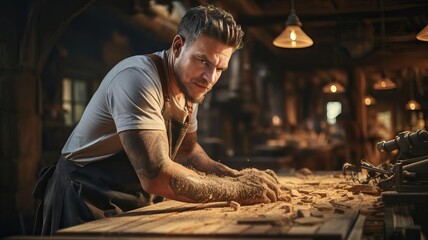 Obraz na płótnie Canvas carpenter working on his craft at the carpentry shop, generative ai