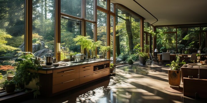 Beautiful home interior with glass walls in the forest, generative ai