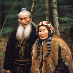 Traditional Ainu Couple: Portrait of an Old Ainu Couple in Traditional Dress - generative ai