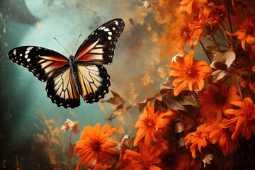 Obraz na płótnie Canvas Butterfly on orange flowers background