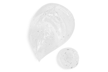 Composition of smears and drops or drops of a transparent gel, serum. On an empty transparent background.