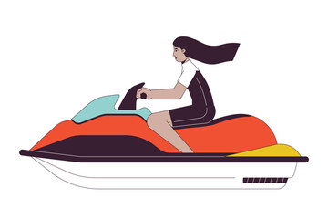 Swimwear arab young woman riding jet ski flat line color vector character. Editable outline full body person on white. Extreme water sport simple cartoon spot illustration for web graphic design