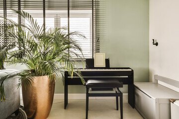 a living room with a piano in the corner and a plant on the floor next to the piano is an office...
