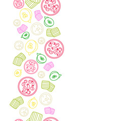 vertical colorful doodle line Thailand culture desserts seamless pattern on white background. vector abstract illustration. - obrazy, fototapety, plakaty