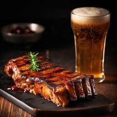 Glass of beer and grilled pork ribs with rosemary on a wooden board. Copy space. Generative AI