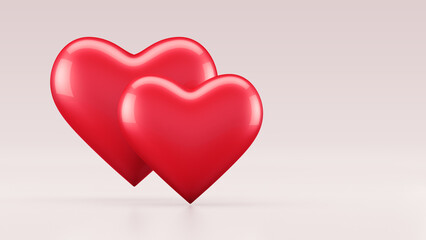 Two red hearts isolated on light gray background. 3d illustration.