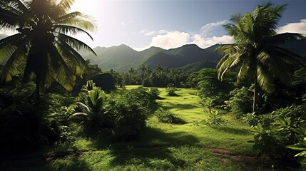 Fototapeta na wymiar exotic landscape, palm trees mountains. Generative AI
