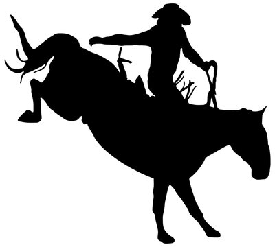 recommend clip art: Cowboy riding a bucking horse at a rodeo in black silhouette, isolated 