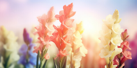 Gladioli flowers in the garden in morning light. Gladiolus, Gladiola flowers. Beautiful floral background for greeting card for Birthday, Mother's day, Women's day, Wedding. Generative ai illustration