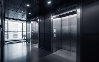 Elevator door in modern building. Generative AI technology.