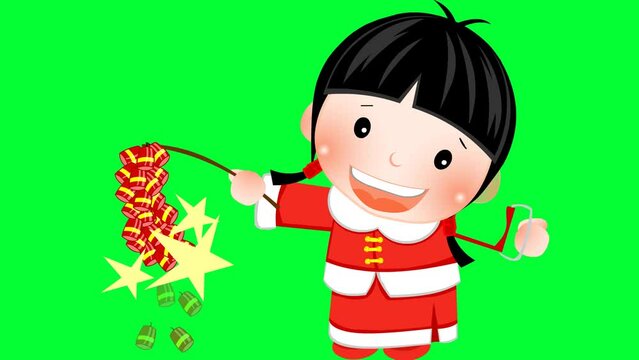 cartoon character with fire crackers background and 2d animation, green screen